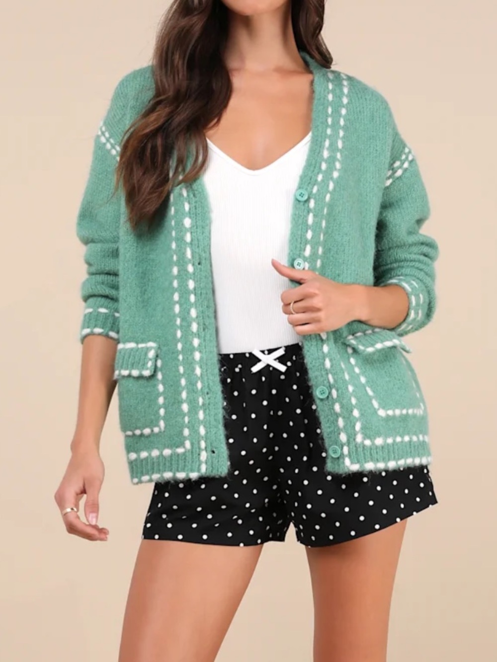 Lulus Cuddly Effect Green Contrast Stitched Cardigan Sweater